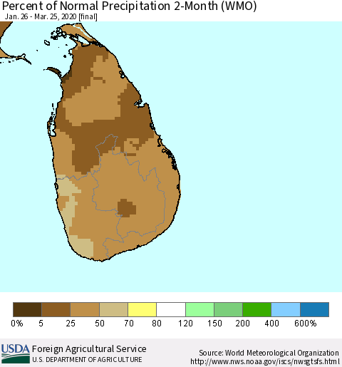Sri Lanka Percent of Normal Precipitation 2-Month (WMO) Thematic Map For 1/26/2020 - 3/25/2020