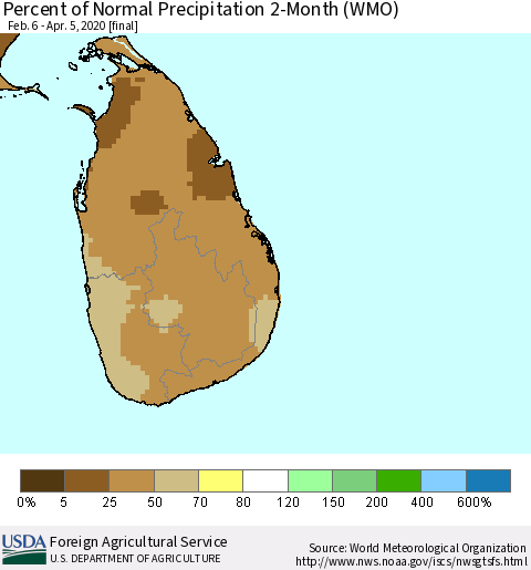 Sri Lanka Percent of Normal Precipitation 2-Month (WMO) Thematic Map For 2/6/2020 - 4/5/2020