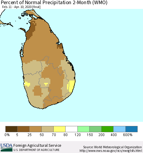 Sri Lanka Percent of Normal Precipitation 2-Month (WMO) Thematic Map For 2/11/2020 - 4/10/2020
