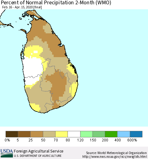 Sri Lanka Percent of Normal Precipitation 2-Month (WMO) Thematic Map For 2/16/2020 - 4/15/2020