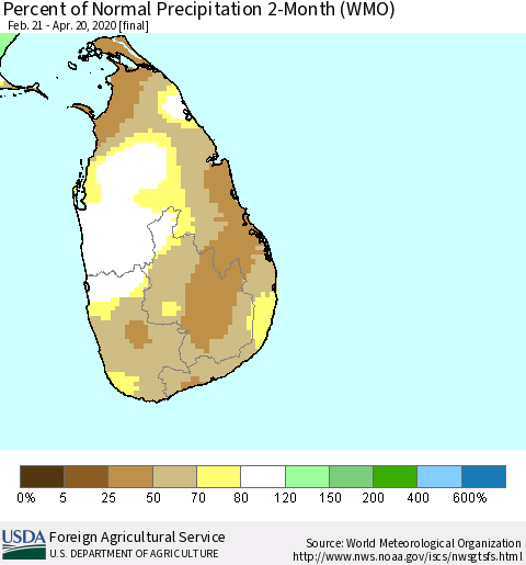 Sri Lanka Percent of Normal Precipitation 2-Month (WMO) Thematic Map For 2/21/2020 - 4/20/2020
