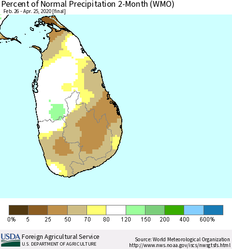 Sri Lanka Percent of Normal Precipitation 2-Month (WMO) Thematic Map For 2/26/2020 - 4/25/2020