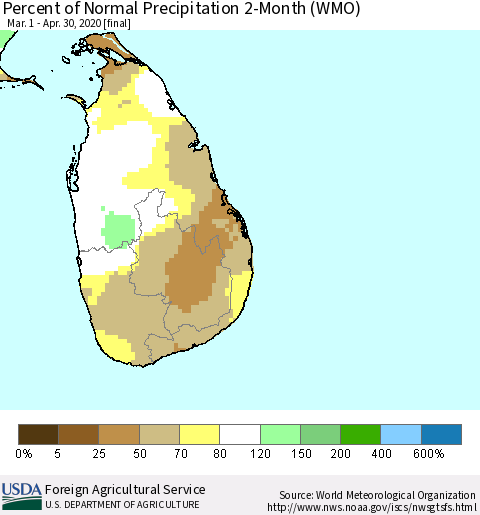 Sri Lanka Percent of Normal Precipitation 2-Month (WMO) Thematic Map For 3/1/2020 - 4/30/2020