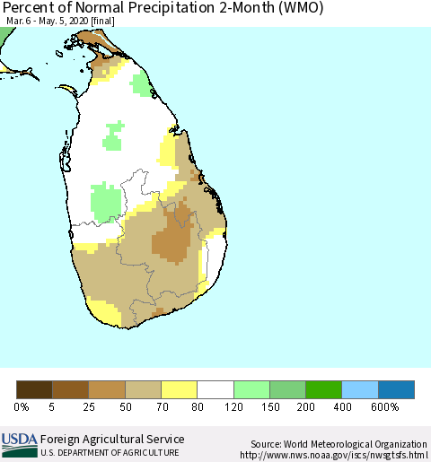 Sri Lanka Percent of Normal Precipitation 2-Month (WMO) Thematic Map For 3/6/2020 - 5/5/2020