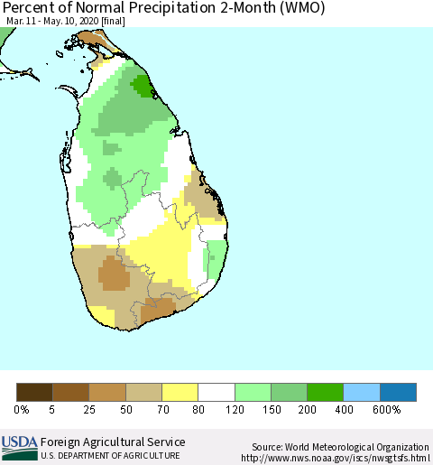 Sri Lanka Percent of Normal Precipitation 2-Month (WMO) Thematic Map For 3/11/2020 - 5/10/2020