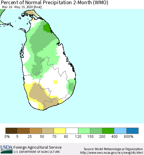 Sri Lanka Percent of Normal Precipitation 2-Month (WMO) Thematic Map For 3/16/2020 - 5/15/2020