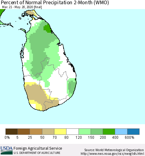 Sri Lanka Percent of Normal Precipitation 2-Month (WMO) Thematic Map For 3/21/2020 - 5/20/2020