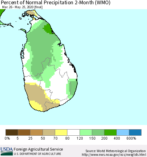 Sri Lanka Percent of Normal Precipitation 2-Month (WMO) Thematic Map For 3/26/2020 - 5/25/2020