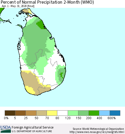 Sri Lanka Percent of Normal Precipitation 2-Month (WMO) Thematic Map For 4/1/2020 - 5/31/2020