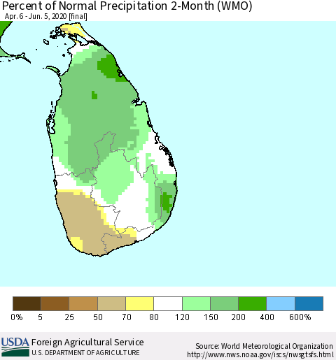 Sri Lanka Percent of Normal Precipitation 2-Month (WMO) Thematic Map For 4/6/2020 - 6/5/2020