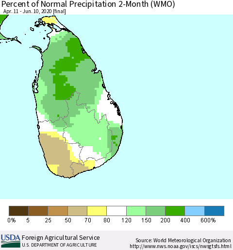 Sri Lanka Percent of Normal Precipitation 2-Month (WMO) Thematic Map For 4/11/2020 - 6/10/2020