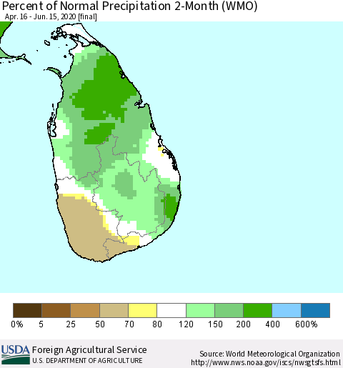 Sri Lanka Percent of Normal Precipitation 2-Month (WMO) Thematic Map For 4/16/2020 - 6/15/2020