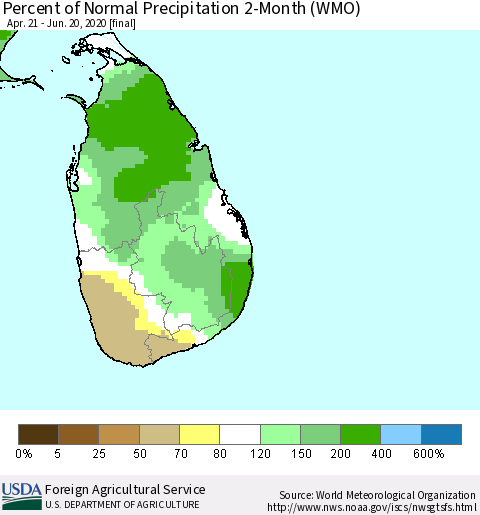 Sri Lanka Percent of Normal Precipitation 2-Month (WMO) Thematic Map For 4/21/2020 - 6/20/2020