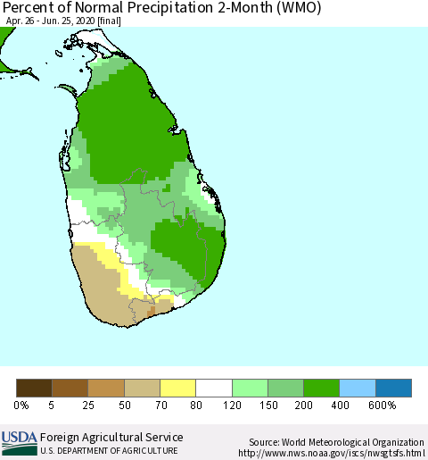 Sri Lanka Percent of Normal Precipitation 2-Month (WMO) Thematic Map For 4/26/2020 - 6/25/2020