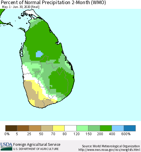 Sri Lanka Percent of Normal Precipitation 2-Month (WMO) Thematic Map For 5/1/2020 - 6/30/2020