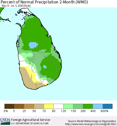 Sri Lanka Percent of Normal Precipitation 2-Month (WMO) Thematic Map For 5/6/2020 - 7/5/2020
