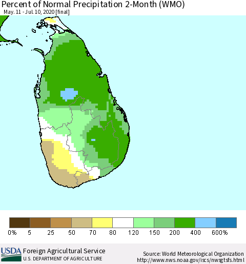 Sri Lanka Percent of Normal Precipitation 2-Month (WMO) Thematic Map For 5/11/2020 - 7/10/2020