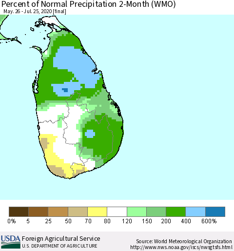 Sri Lanka Percent of Normal Precipitation 2-Month (WMO) Thematic Map For 5/26/2020 - 7/25/2020