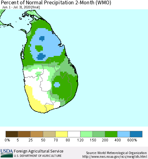 Sri Lanka Percent of Normal Precipitation 2-Month (WMO) Thematic Map For 6/1/2020 - 7/31/2020