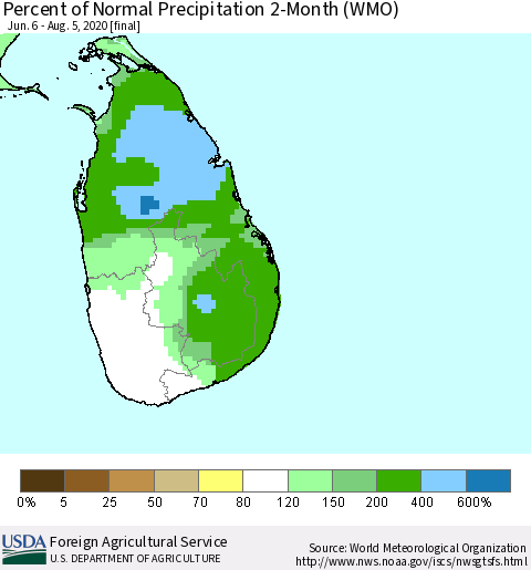 Sri Lanka Percent of Normal Precipitation 2-Month (WMO) Thematic Map For 6/6/2020 - 8/5/2020