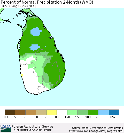 Sri Lanka Percent of Normal Precipitation 2-Month (WMO) Thematic Map For 6/16/2020 - 8/15/2020