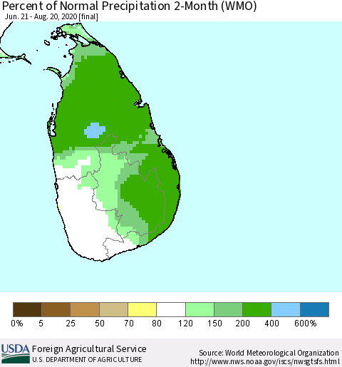 Sri Lanka Percent of Normal Precipitation 2-Month (WMO) Thematic Map For 6/21/2020 - 8/20/2020