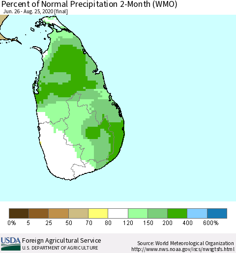 Sri Lanka Percent of Normal Precipitation 2-Month (WMO) Thematic Map For 6/26/2020 - 8/25/2020