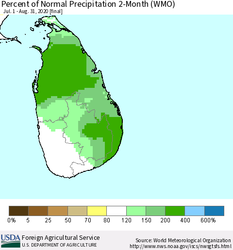 Sri Lanka Percent of Normal Precipitation 2-Month (WMO) Thematic Map For 7/1/2020 - 8/31/2020