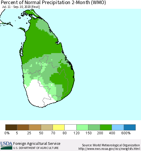 Sri Lanka Percent of Normal Precipitation 2-Month (WMO) Thematic Map For 7/11/2020 - 9/10/2020