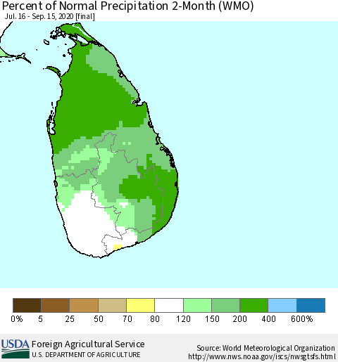 Sri Lanka Percent of Normal Precipitation 2-Month (WMO) Thematic Map For 7/16/2020 - 9/15/2020