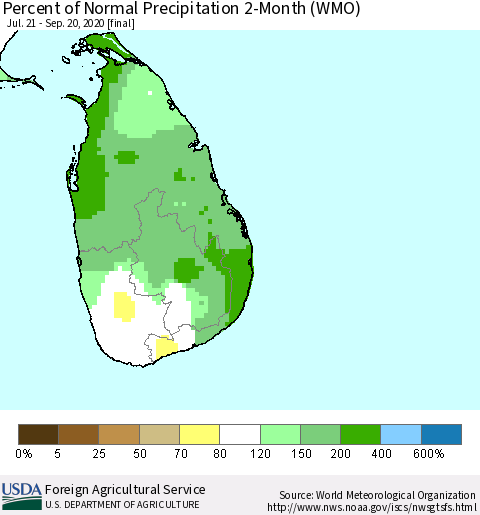Sri Lanka Percent of Normal Precipitation 2-Month (WMO) Thematic Map For 7/21/2020 - 9/20/2020