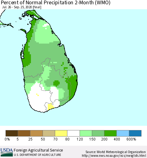 Sri Lanka Percent of Normal Precipitation 2-Month (WMO) Thematic Map For 7/26/2020 - 9/25/2020