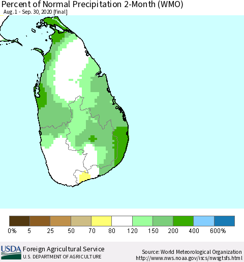 Sri Lanka Percent of Normal Precipitation 2-Month (WMO) Thematic Map For 8/1/2020 - 9/30/2020