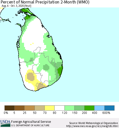 Sri Lanka Percent of Normal Precipitation 2-Month (WMO) Thematic Map For 8/6/2020 - 10/5/2020