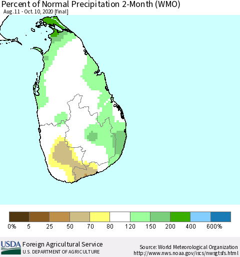 Sri Lanka Percent of Normal Precipitation 2-Month (WMO) Thematic Map For 8/11/2020 - 10/10/2020