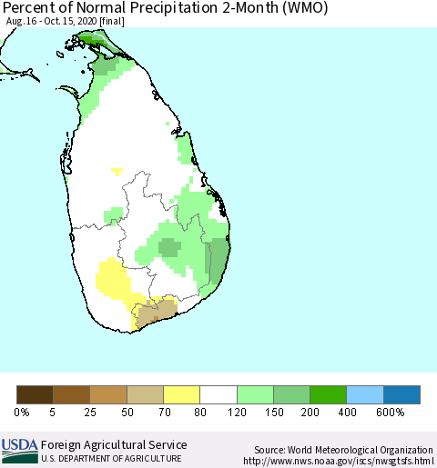 Sri Lanka Percent of Normal Precipitation 2-Month (WMO) Thematic Map For 8/16/2020 - 10/15/2020