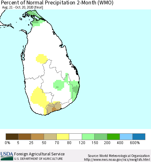 Sri Lanka Percent of Normal Precipitation 2-Month (WMO) Thematic Map For 8/21/2020 - 10/20/2020