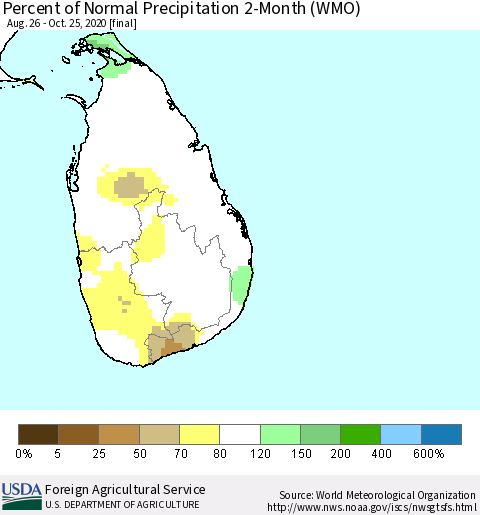 Sri Lanka Percent of Normal Precipitation 2-Month (WMO) Thematic Map For 8/26/2020 - 10/25/2020