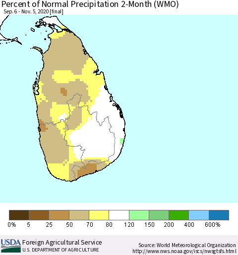 Sri Lanka Percent of Normal Precipitation 2-Month (WMO) Thematic Map For 9/6/2020 - 11/5/2020