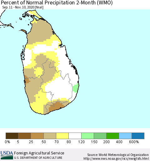 Sri Lanka Percent of Normal Precipitation 2-Month (WMO) Thematic Map For 9/11/2020 - 11/10/2020