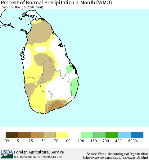 Sri Lanka Percent of Normal Precipitation 2-Month (WMO) Thematic Map For 9/16/2020 - 11/15/2020