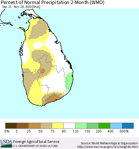 Sri Lanka Percent of Normal Precipitation 2-Month (WMO) Thematic Map For 9/21/2020 - 11/20/2020