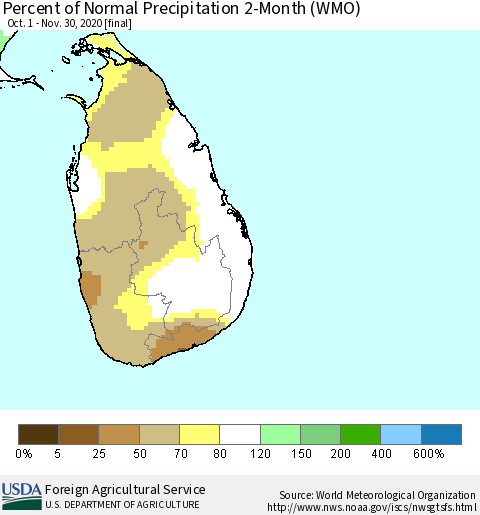 Sri Lanka Percent of Normal Precipitation 2-Month (WMO) Thematic Map For 10/1/2020 - 11/30/2020