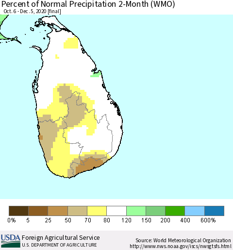 Sri Lanka Percent of Normal Precipitation 2-Month (WMO) Thematic Map For 10/6/2020 - 12/5/2020