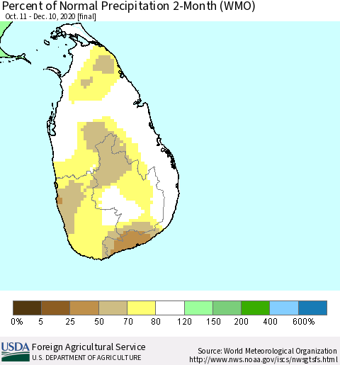Sri Lanka Percent of Normal Precipitation 2-Month (WMO) Thematic Map For 10/11/2020 - 12/10/2020