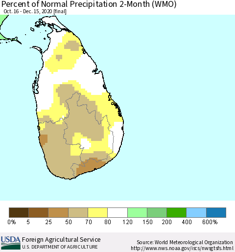 Sri Lanka Percent of Normal Precipitation 2-Month (WMO) Thematic Map For 10/16/2020 - 12/15/2020