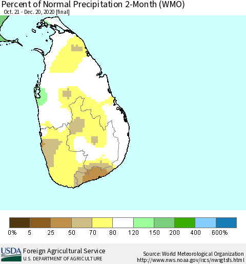 Sri Lanka Percent of Normal Precipitation 2-Month (WMO) Thematic Map For 10/21/2020 - 12/20/2020