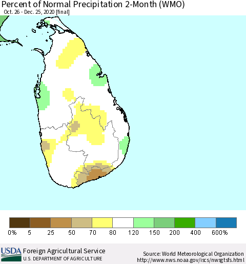 Sri Lanka Percent of Normal Precipitation 2-Month (WMO) Thematic Map For 10/26/2020 - 12/25/2020