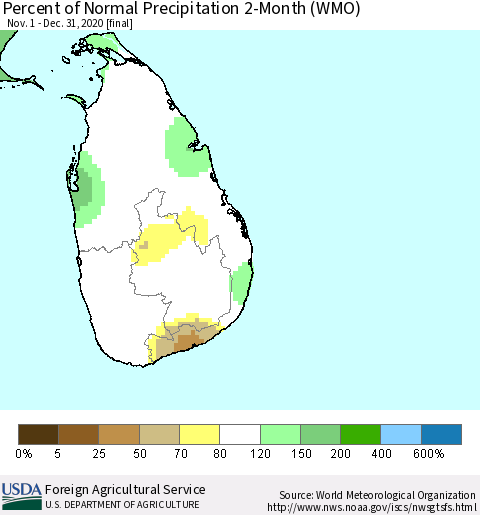 Sri Lanka Percent of Normal Precipitation 2-Month (WMO) Thematic Map For 11/1/2020 - 12/31/2020
