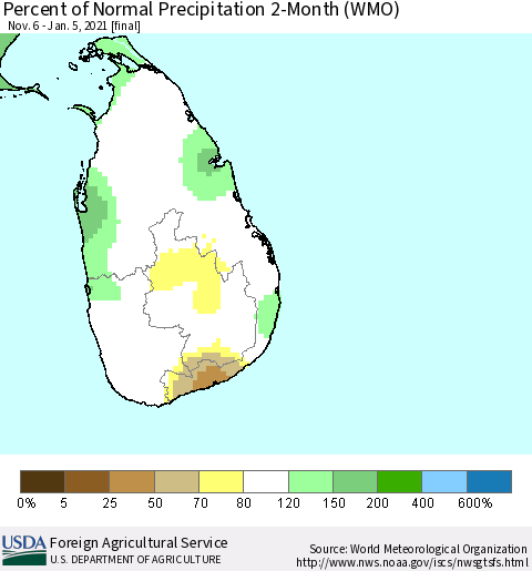Sri Lanka Percent of Normal Precipitation 2-Month (WMO) Thematic Map For 11/6/2020 - 1/5/2021